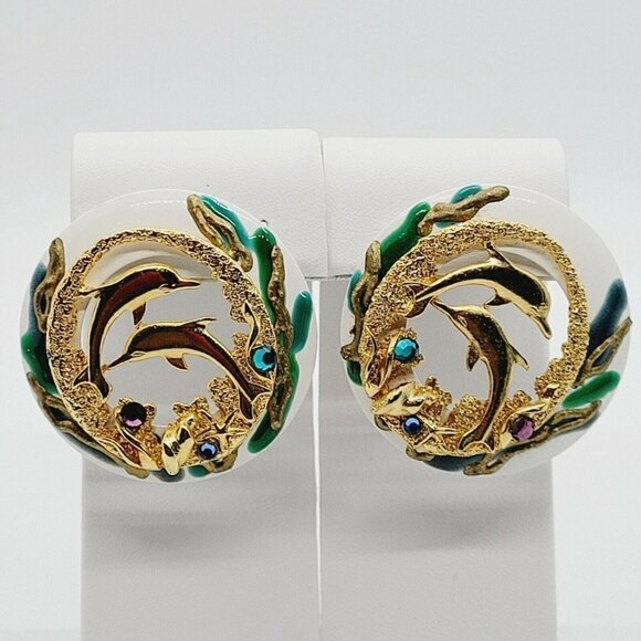 Vintage Large Enamel on Metal Statement Dolphin Earrings Nautical Gold Tone 1.75 - Picture 1 of 5